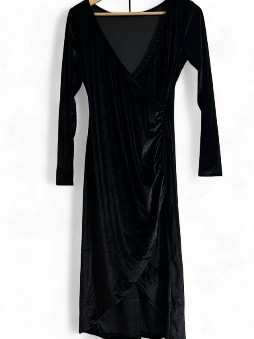 Y2K Black Velvet Ruched Wrap Dress Long Sleeve Bodycon Midi Party Dress